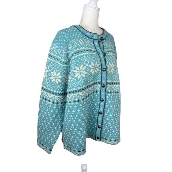LL Bean Sweater Womens 1X Teal Nordic Lambs Wool Fair Isle Snow Flake Cardigan - Picture 9 of 11